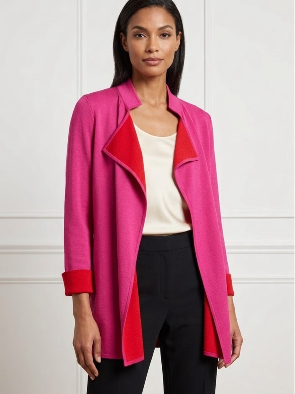 St. John Pink Red Casual Open Front Draped Knit Jacket Size 10
